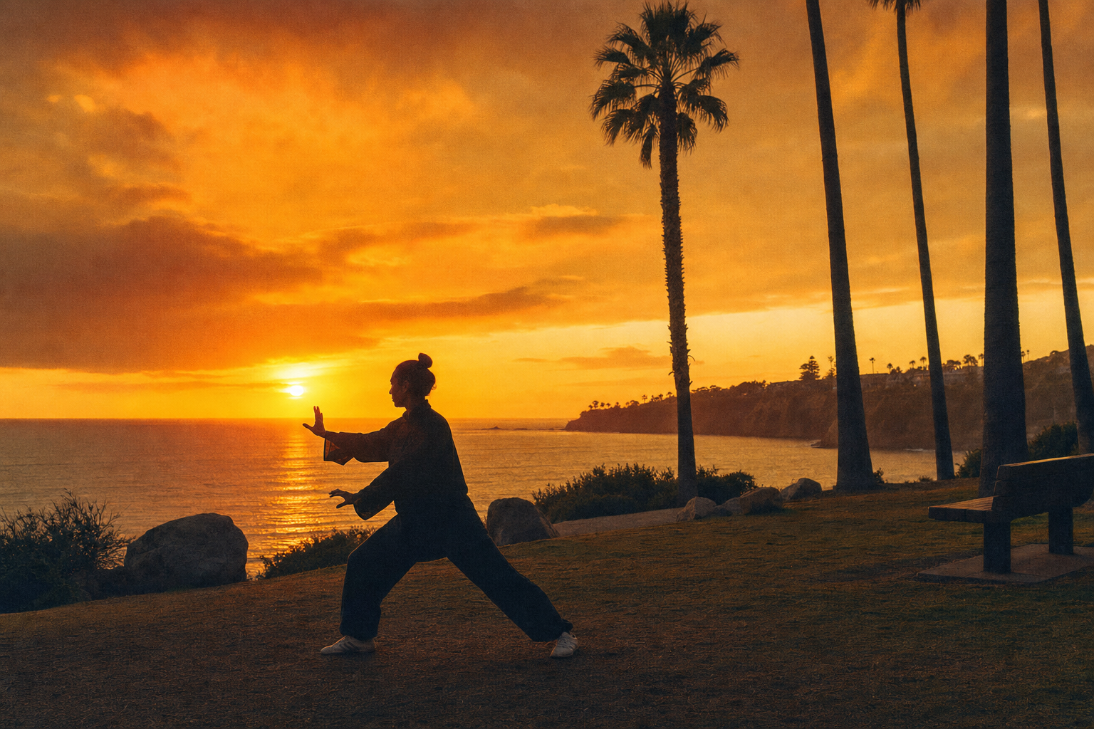 Silhouette practicing tai chi at sunset over the ocean with palm trees